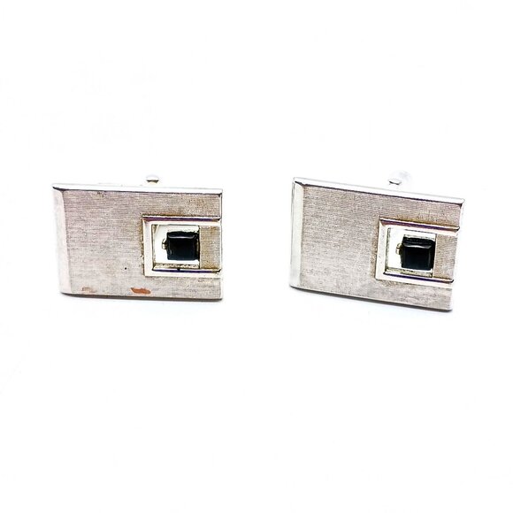 Vintage Black and Silver Tone Cuff Links, Mod Mid Century Rectangle, Dapper Gift - Picture 1 of 2